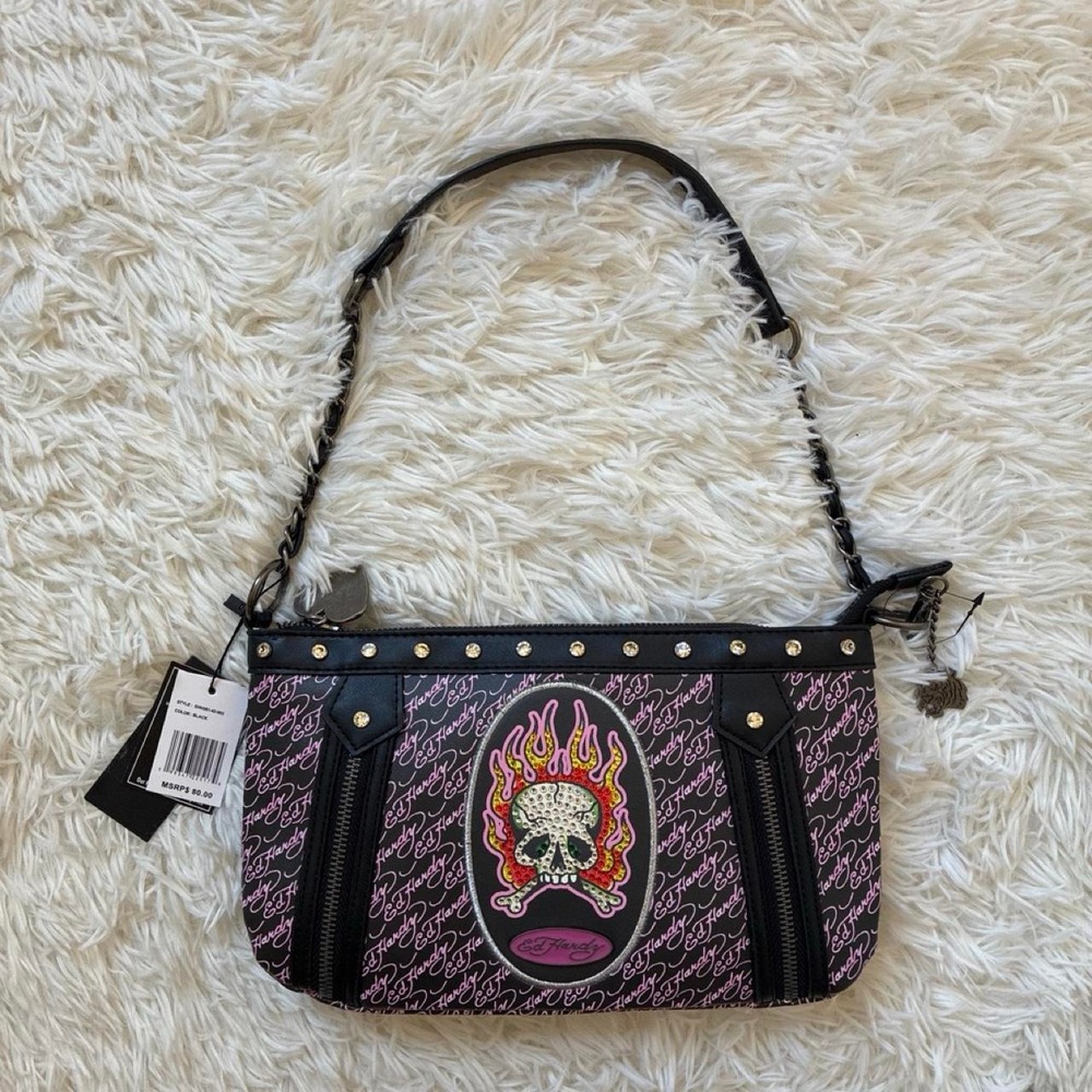 NWT Street Grunge Ed Hardy black & pink shoulder bag skull and flames graphic